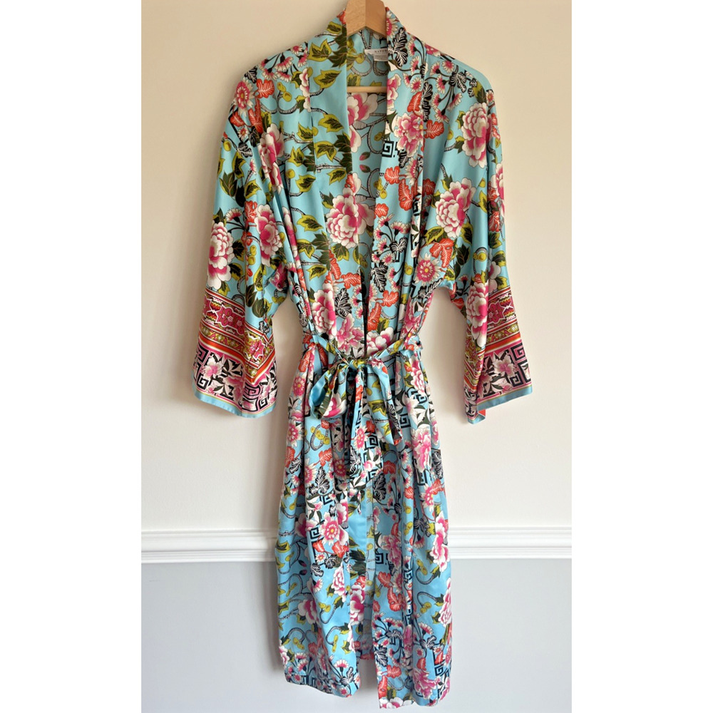 Natori Private Luxuries Kimono Robe Medium Satin Floral Porcelain Multicolor